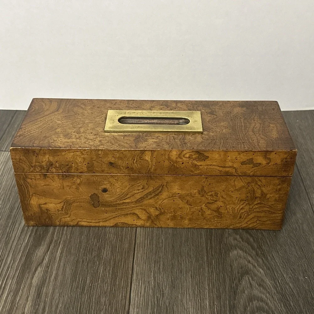 Antique Victorian Burr Walnut Divided Storage Pen Pencil Desk Box Brass Handle